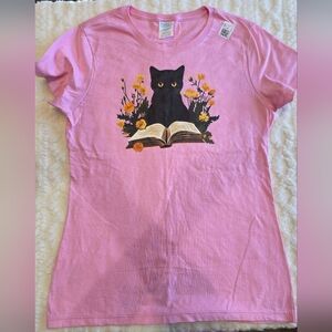 Black Cat Book Witchy Floral Tee XS NWT Pink